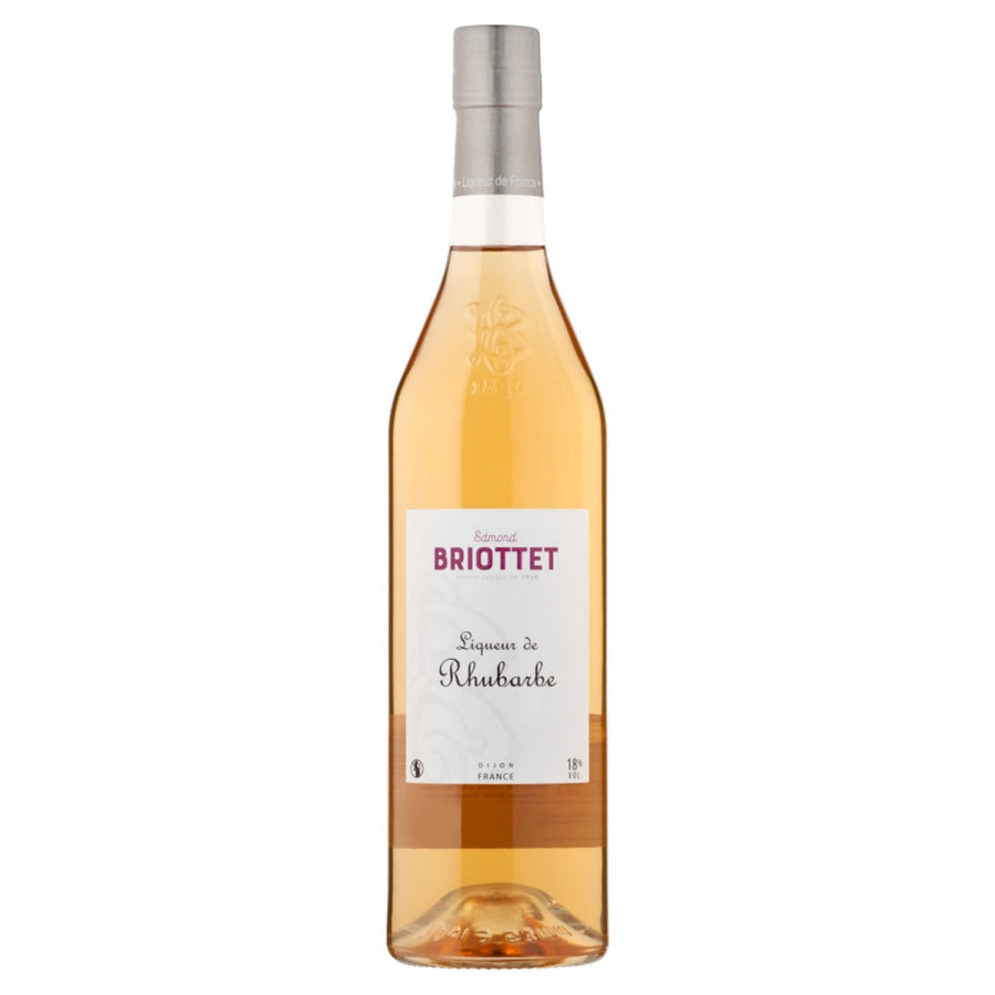 Bottle of Briottet Rhubarb Liqueur on a white background
